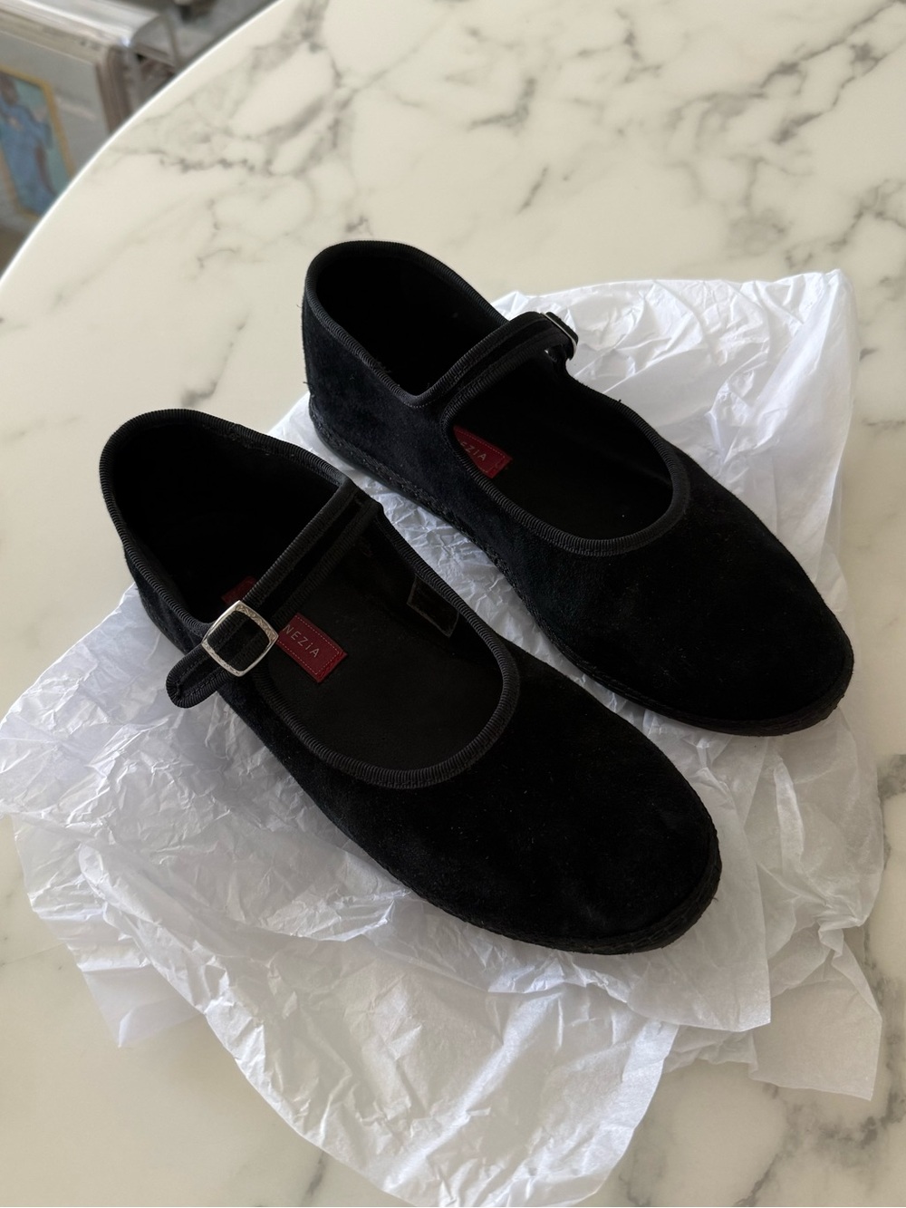 Vibi Venezia Black Suede Mary Jane Flats with Buckle Strap